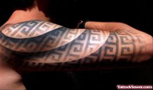 Unique Grey Ink Greek Tattoo On Sleeve