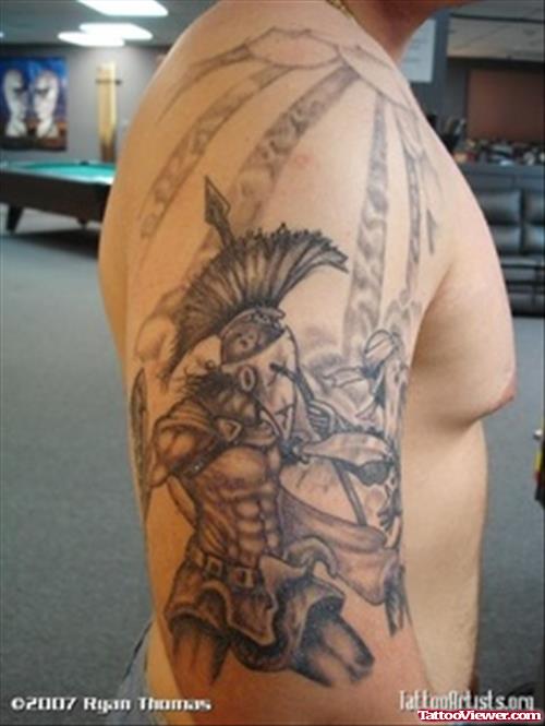 Grey Ink Warrior Right Half Sleeve Greek Tattoo