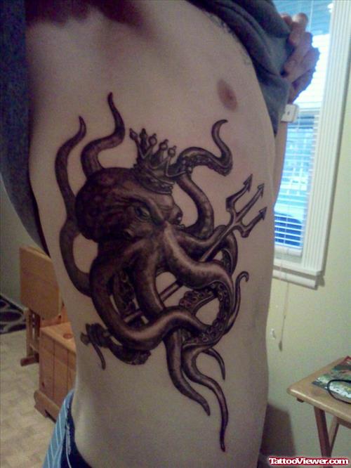 Grey Ink Octopus Greek Tattoo On Side Rib