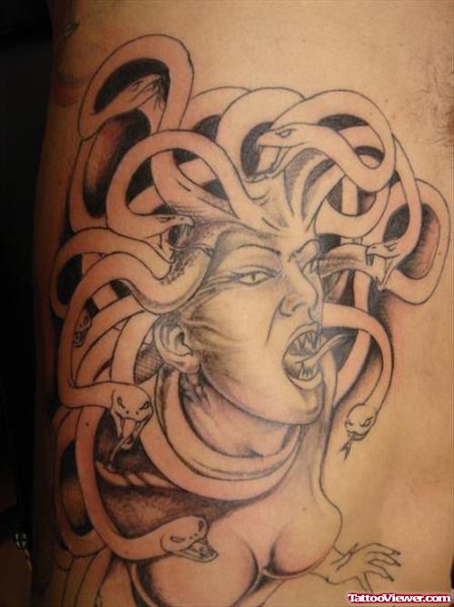 Awesome Grey Ink Greek Medusa Girl Tattoo