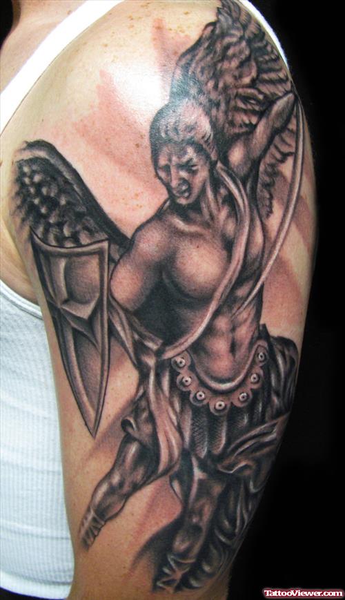 Amazing Grey Ink Greek Warrior Tattoo On Left Half Sleeve