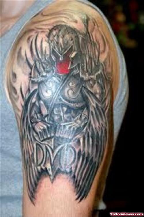 Dark Ink Greek Tattoo On Left Half Sleeve