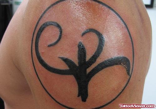 Black Ink Tribal Greek Tattoo On Shoulder