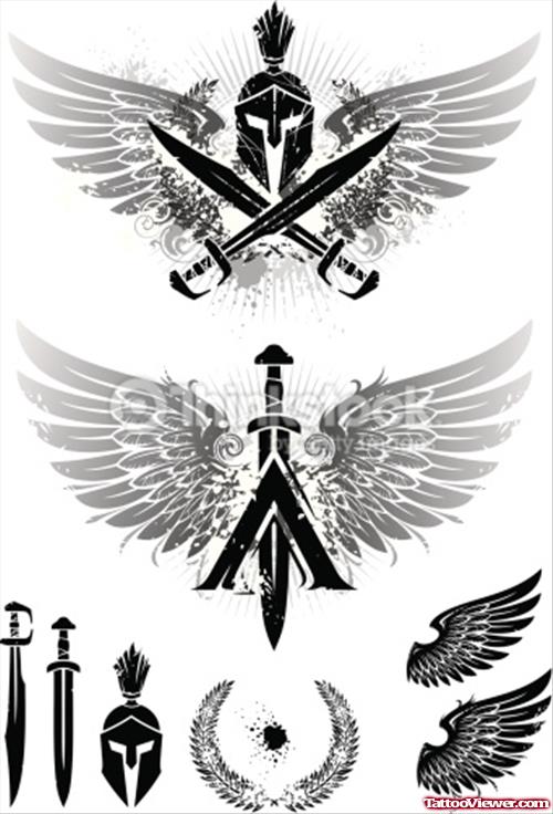 Winged Daggers Greek Tattoo Designs