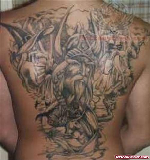 Grey Ink Ancient Greek Tattoo On Back