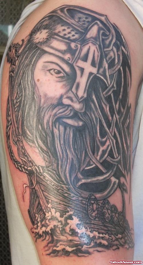 Awesome Grey Ink Greek Tattoo On Right Half Sleeve