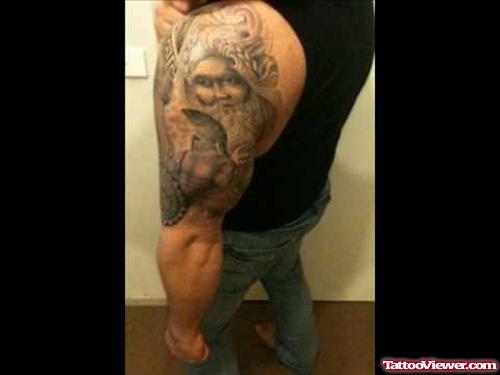 Awesome Greek Tattoo On Man Left Half Sleeve