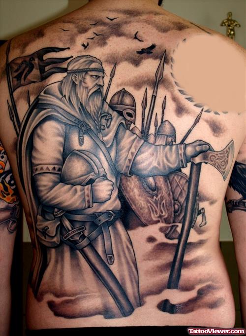 Grey Ink Viking Greek Tattoo On Back