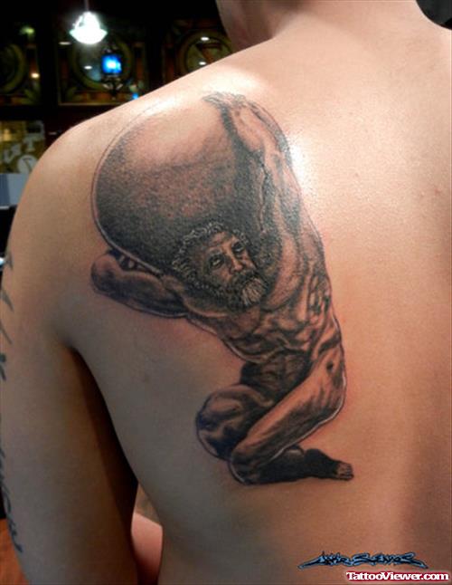 Grey Ink Greek Hercules Tattoo On Back Shoulder