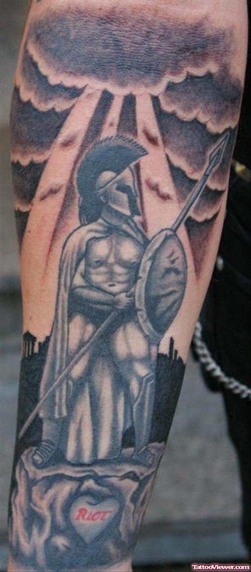 Amazing Grey Ink Greek Tattoo On Right Arm