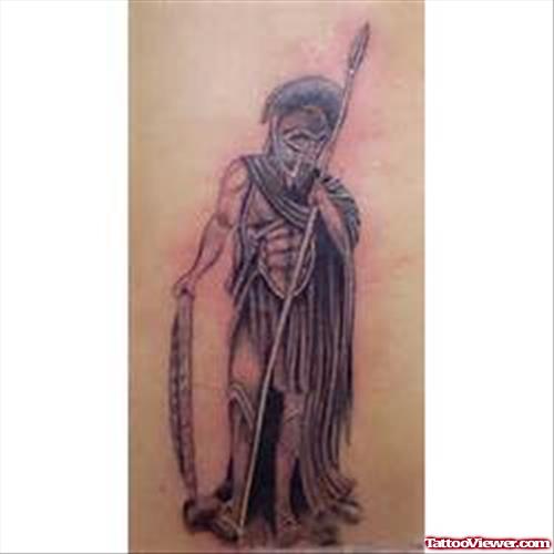 Grey Ink Greek Warrior Tattoo
