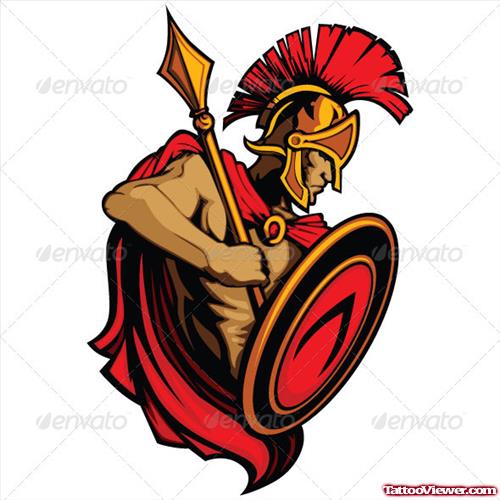 Red Ink Spartan With Spear Greek Tattoo Design