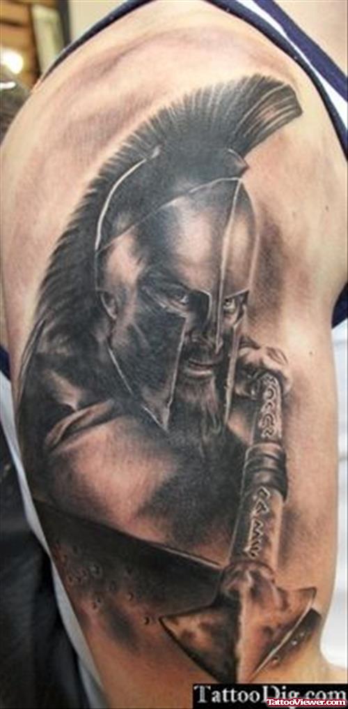 Grey Ink Warrior Greek Tattoo On Half Sleeve
