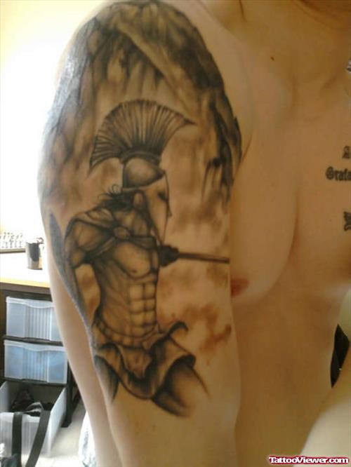Grey Ink Saprtan Greek Tattoo On Right Half Sleeve