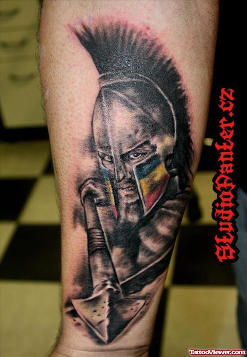 Dark Ink Saprtan Greek Tattoo On Arm