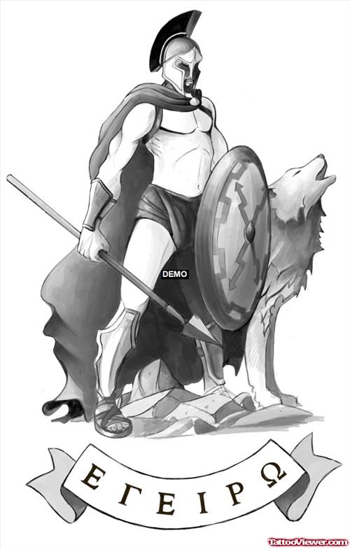 Amazing Spartan And Wolf Greek Tattoo Design
