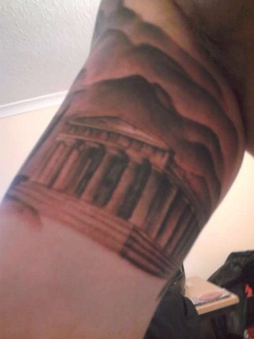 Greek Temple Tattoo On Right Half Sleeve