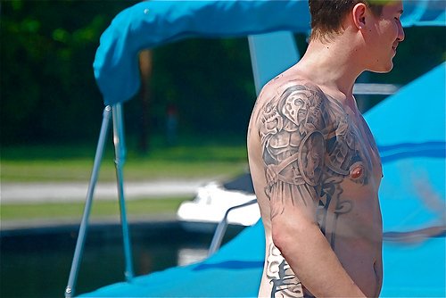 Attractive Grey Ink Greek Tattoo On Man Right SHoulder