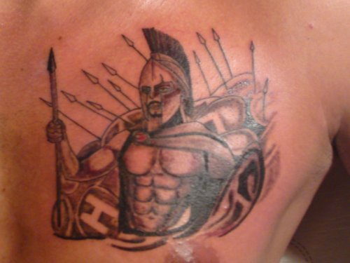 Grey Ink Greek Warrior Tattoo On Man Chest