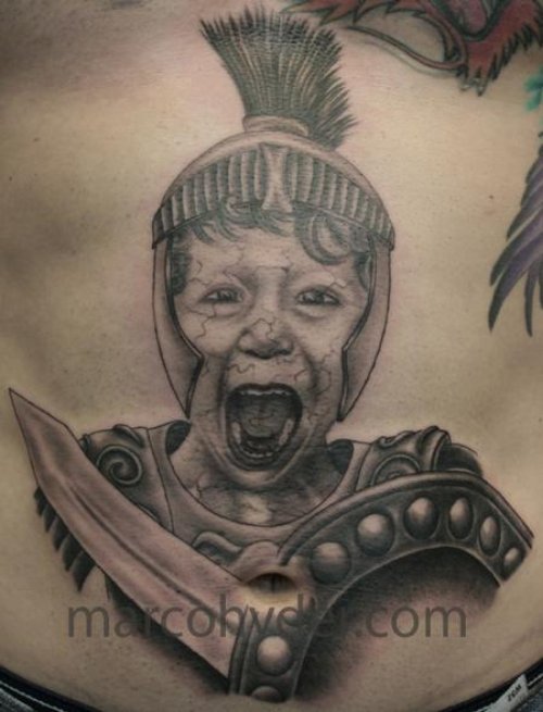 Grey Ink Greek Warrior Shouting Tattoo