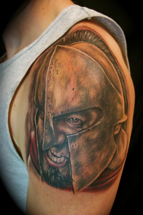 Color Ink Spartan Greek Tattoo On Shoulder