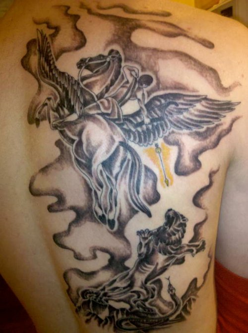 Grey Ink Greek Pegasus Tattoo On Back