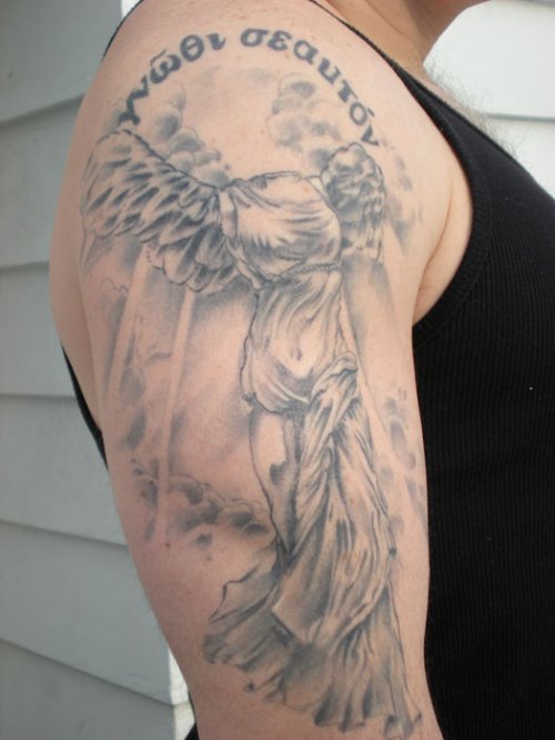 Attractive Grey Ink Greek Tattoo On Right Half Sleeve