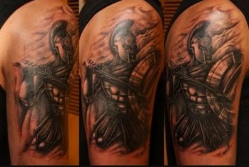 Dark Ink Greek Tattoo On Half Sleeve