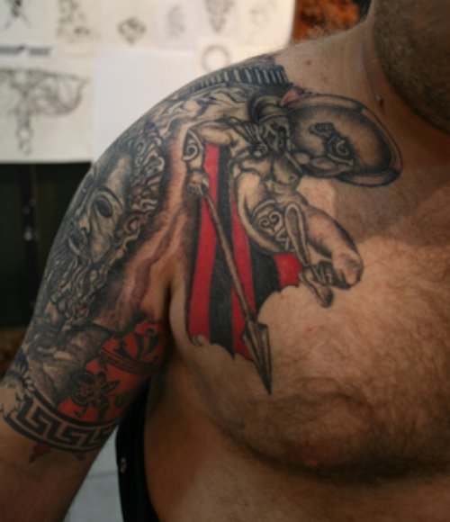 Awesome Greek Tattoo On Man Right Half Sleeve