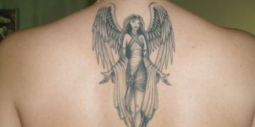 Grey Ink Angel Greek Tattoo On Upperback