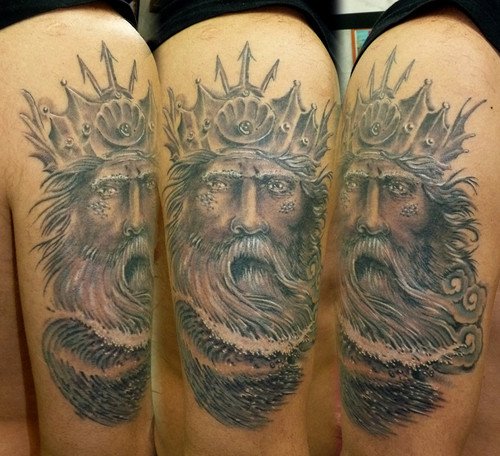 Grey Ink Viking Greek Tattoo On Bicep