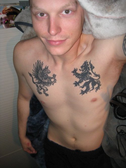 Crusaders Lion And Griffin Tattoo On Chest