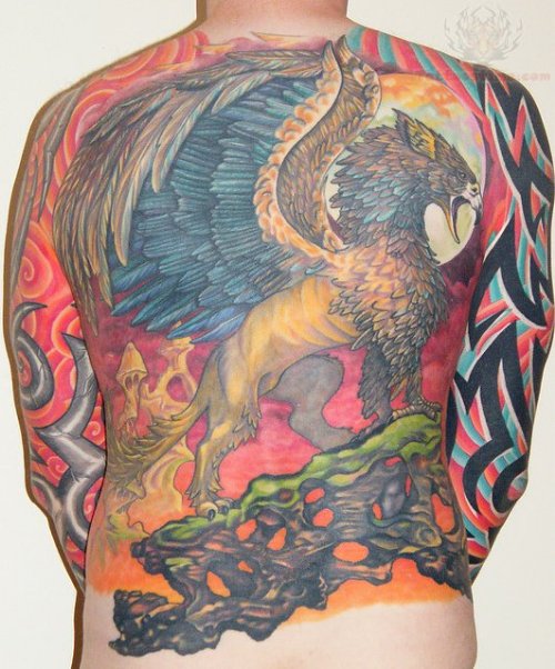 Colorful Griffin Tattoo On Full Back