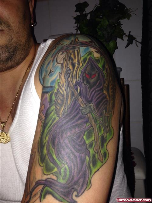 Colored Death Grim Reaper Tattoo On Left Half Sleeve