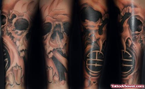 Cool Black Ink Grim Reaper Tattoo On Sleeve