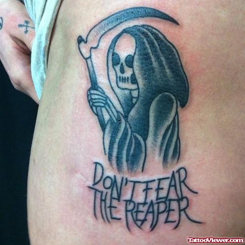 Awesome GRey Ink Grim Reaper Tattoo On Side