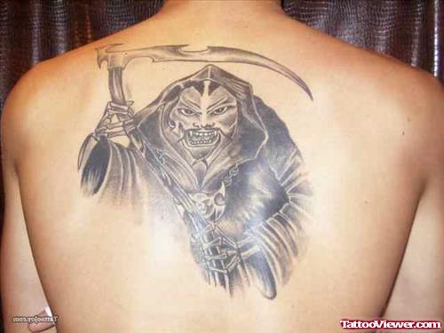 Attractive Grey Ink Grim Reaper Tattoo On Back Body
