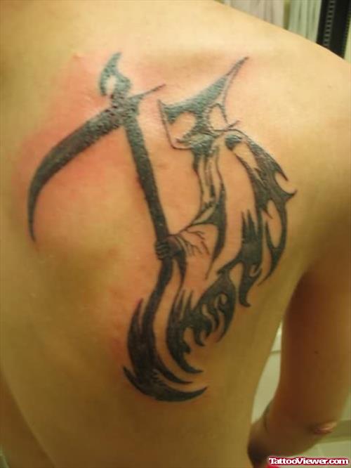 Right Back Shoulder Tribal Grim Reaper Tattoo