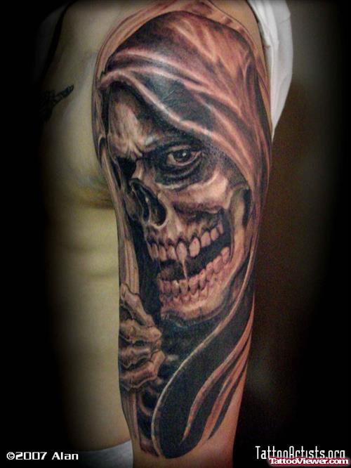 New Grey Ink Grim Reaper Tattoo On Sleeve