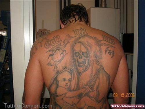 Grim Reaper Mother With Baby Tattoos on Back