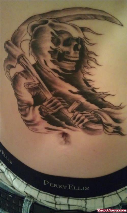 Grey Ink Grim Reaper Tattoo On Stomach