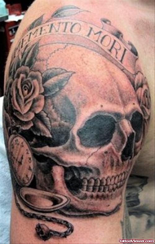 Grey Flowers and Skull Grim Reaper Tattoo On Sleeve