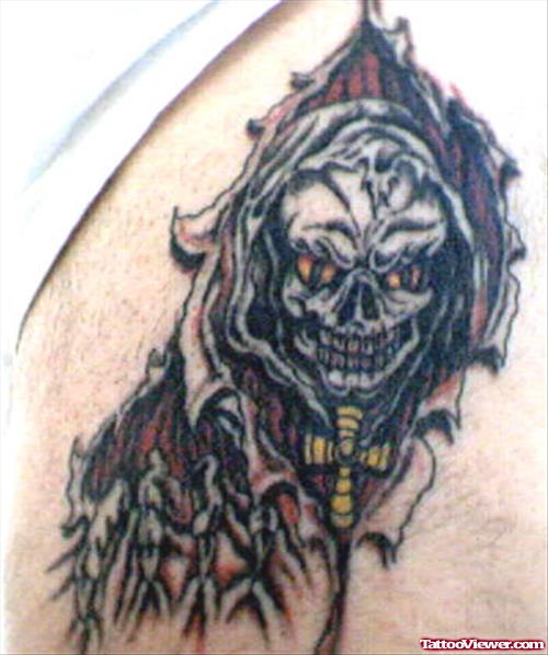 Black Ink Grim Reaper Tattoo On Shoulder