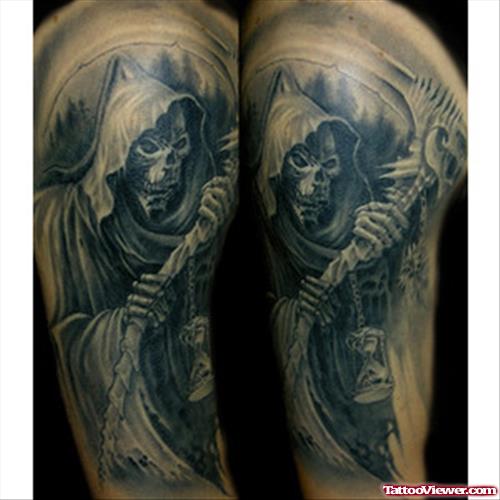 Black Ink Grim Reaper Tattoo On Half Sleeve