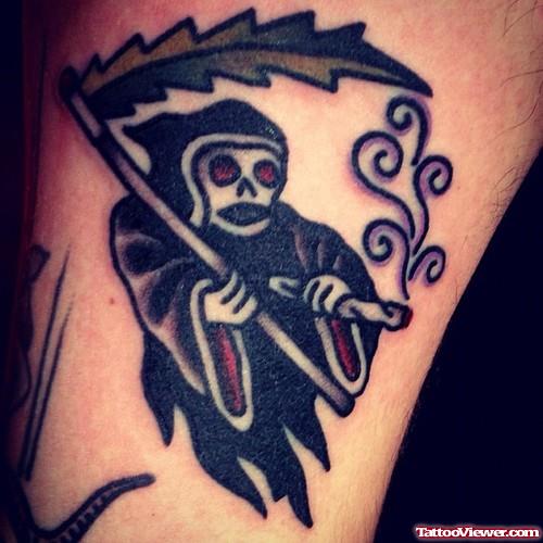 Black Ink Grim Reaper Tattoo On Bicep