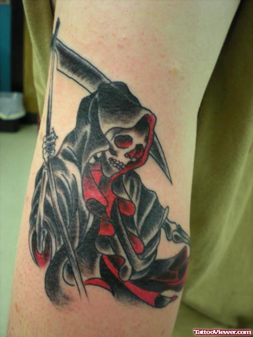 Awesome Red and Black Ink Grim Reaper Tattoo On Bicep
