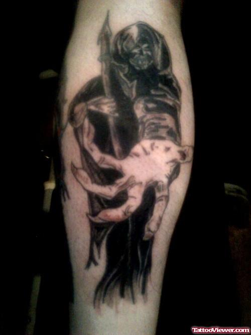Amazing Black Ink Grim Reaper Tattoo On Sleeve