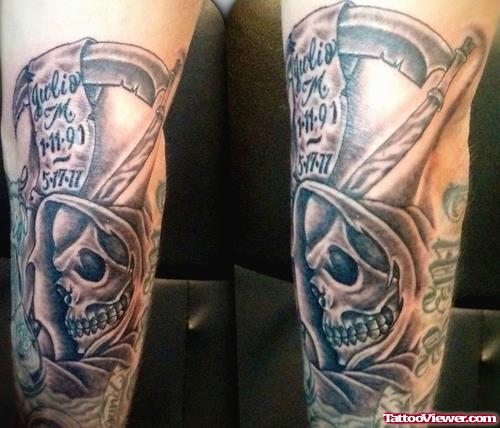 Grey Ink Grim Reaper Tattoo On Sleeve