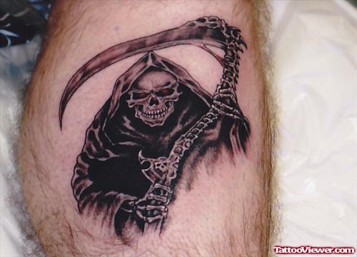 Best Black Ink Grim Reaper Tattoo On Leg