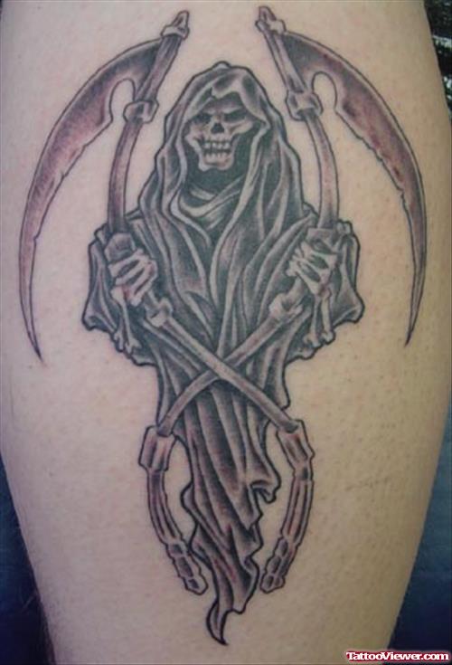 Beautiful Grey Ink Grim Reaper Tattoo On Biceps